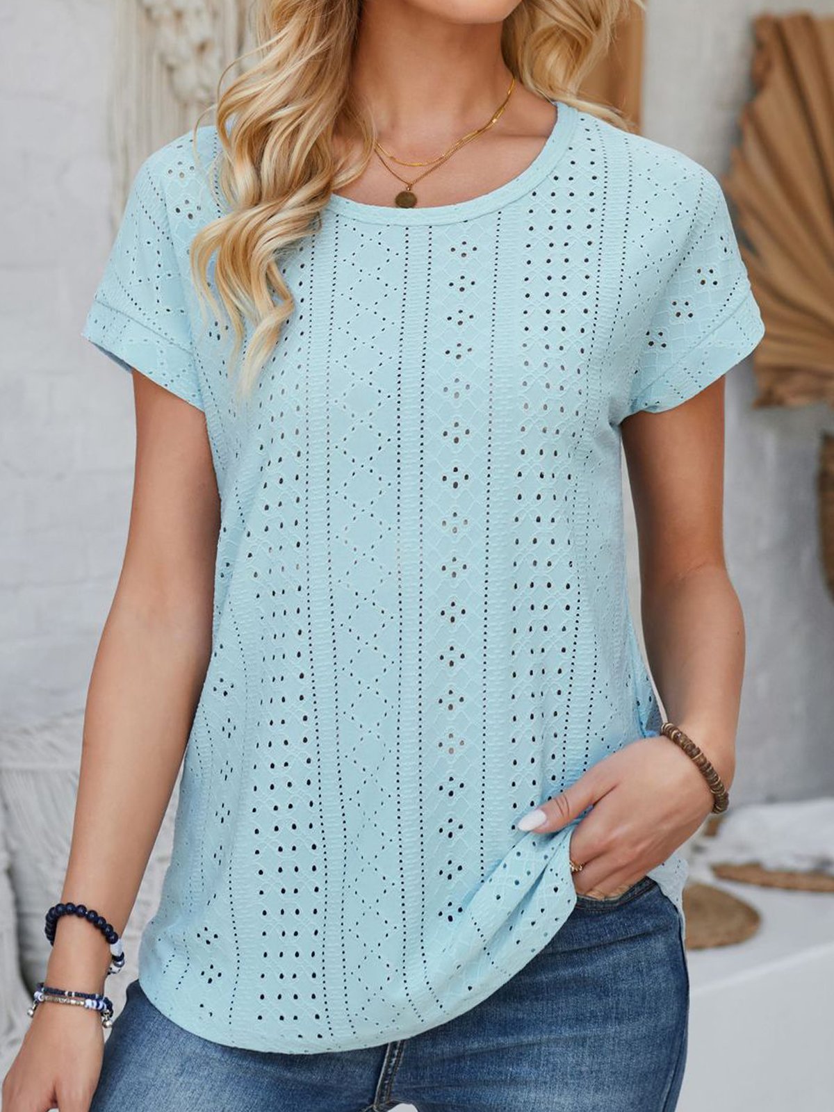 Casual Short Sleeve Crew Neck Plain Loose Regular Blouse