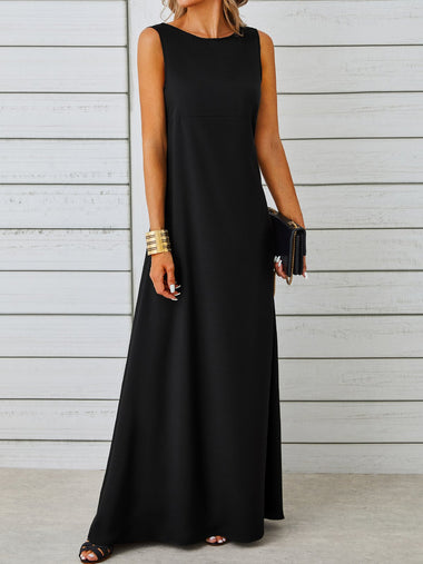 Elegant Sleeveless Crew Neck Plain Maxi Dress