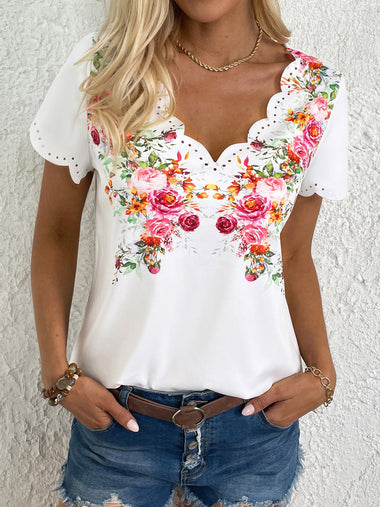 Loose Short Sleeve Lace Collar Floral Casual Regular Blouse