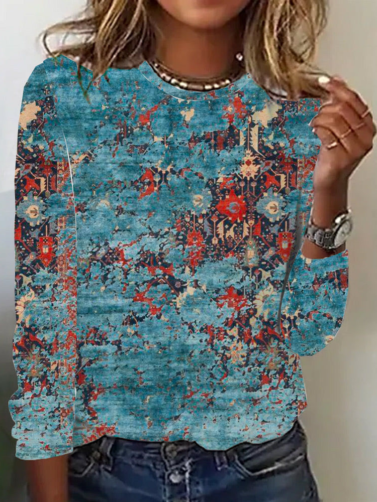 Casual Long Sleeve Crew Neck Geometric Loose Regular T-Shirt