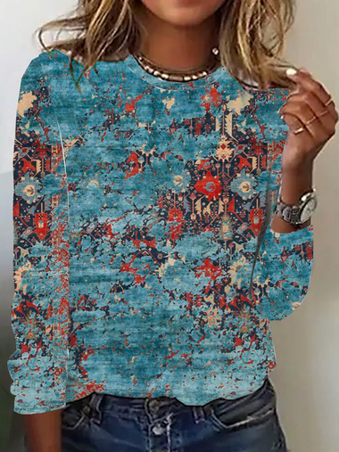 Casual Long Sleeve Crew Neck Geometric Loose Regular T-Shirt