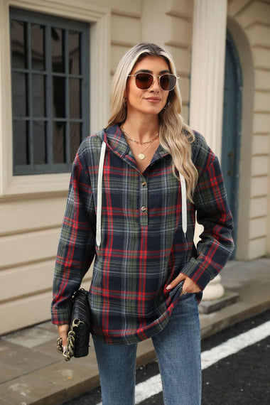Casual Long Sleeve Hoodie Plaid Loose Mid-Long Hoodie