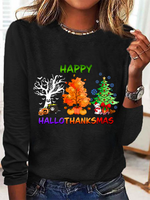 Casual Long Sleeve Crew Neck Text Letters Loose Regular Blouse