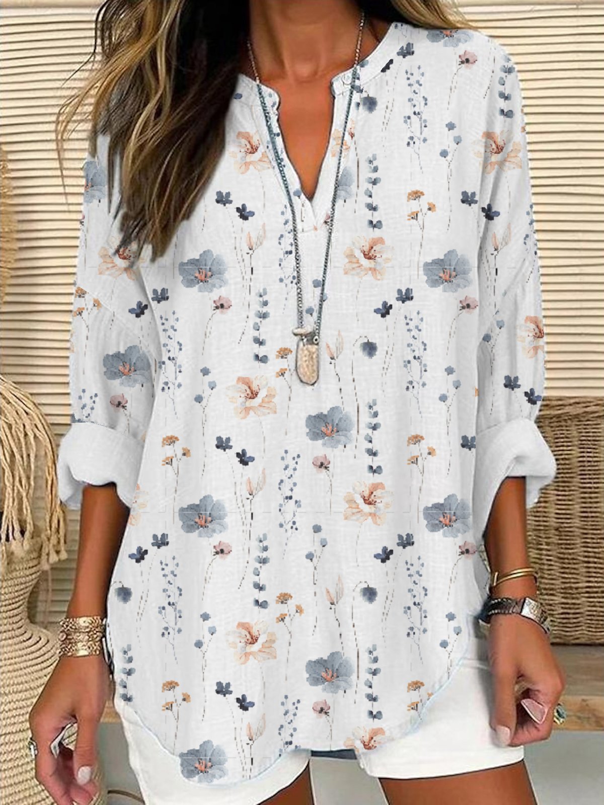 Casual Long Sleeve Notched Floral Loose Regular Blouse