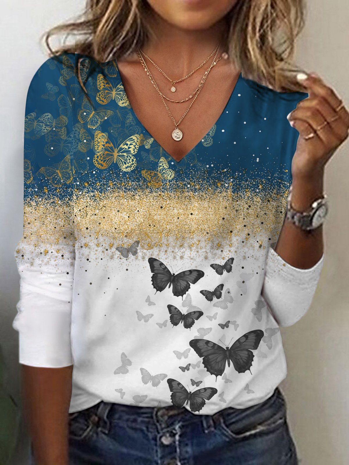 Long Sleeve V Neck Butterfly Casual Regular T-Shirt