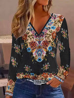 Casual Long Sleeve V Neck Floral Regular T-Shirt