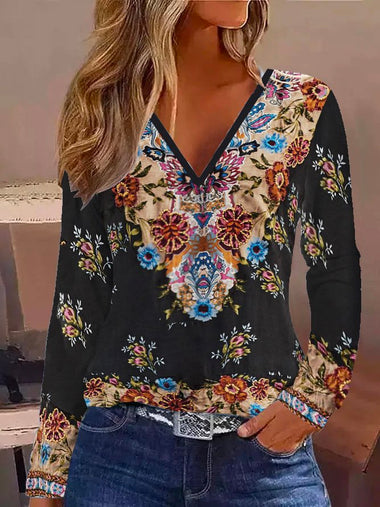 Casual Long Sleeve V Neck Floral Regular T-Shirt