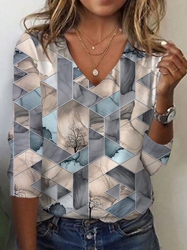 Casual Long Sleeve V Neck Geometric Regular Blouse