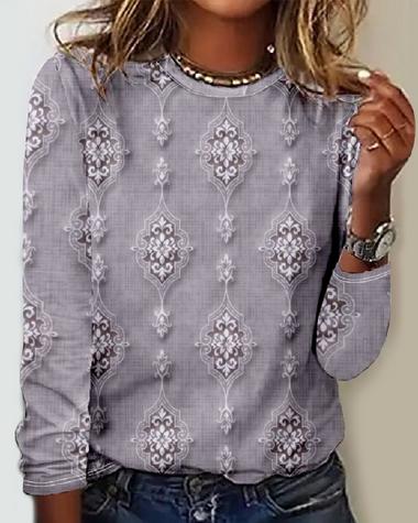 Casual Long Sleeve Crew Neck 3D Printing Loose Regular Blouse