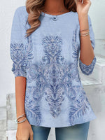 Casual Long Sleeve Crew Neck Ethnic Loose Regular T-Shirt