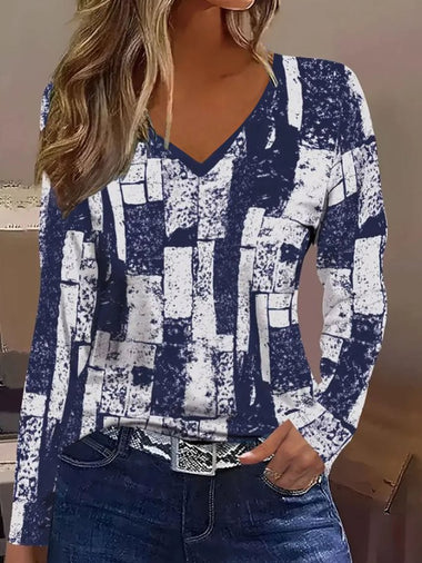 Loose Long Sleeve V Neck Abstract Casual Regular T-Shirt