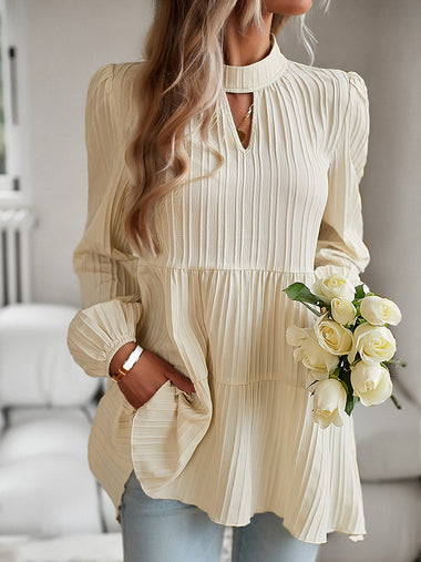 Casual Long Sleeve Notched Plain Loose Regular Blouse