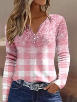 Loose Long Sleeve Notched Plaid Casual Regular T-Shirt