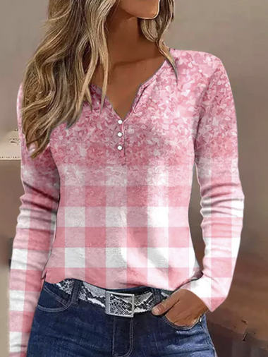 Loose Long Sleeve Notched Plaid Casual Regular T-Shirt