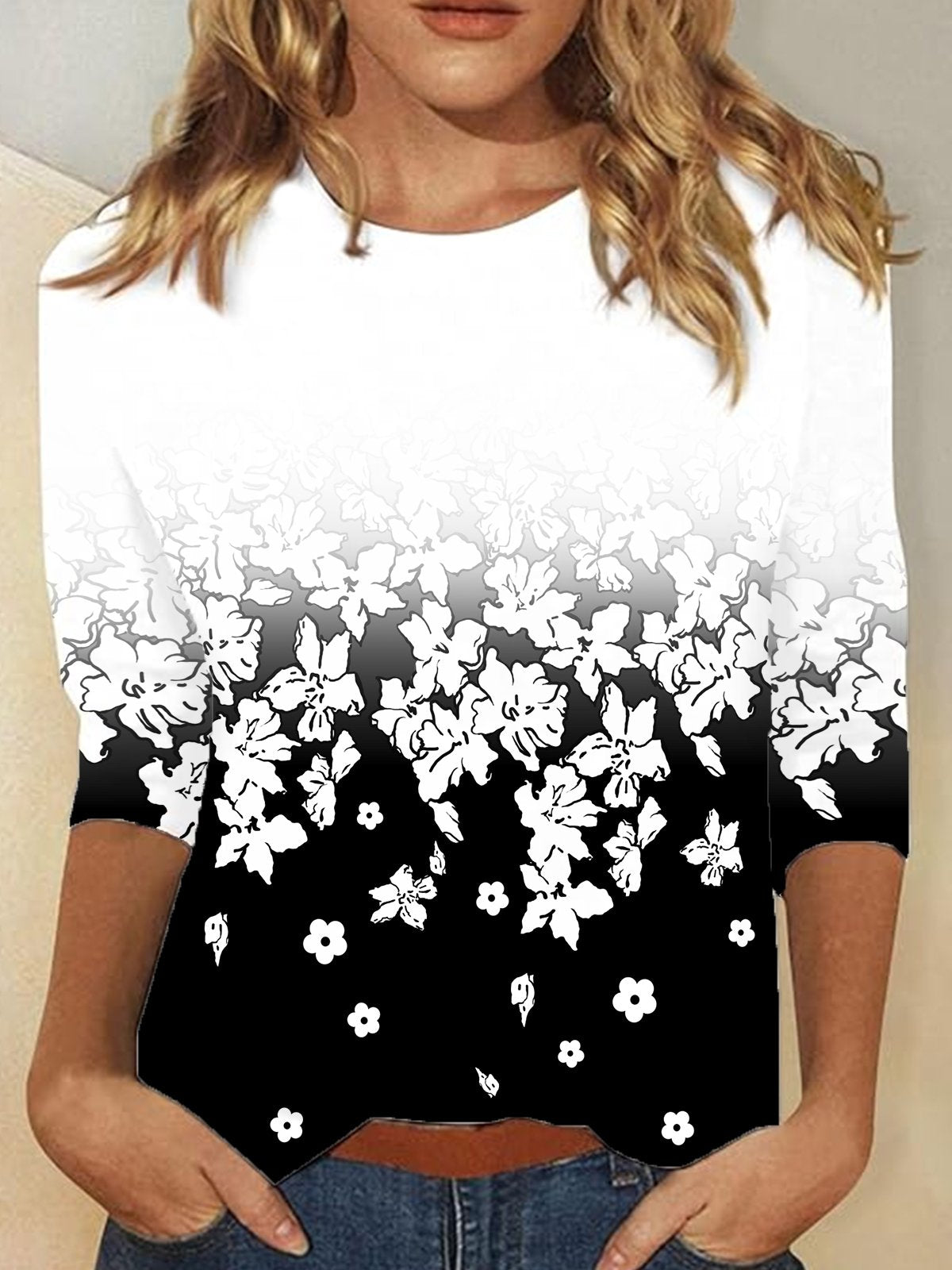 Casual Long Sleeve Crew Neck Floral Loose Regular T-Shirt