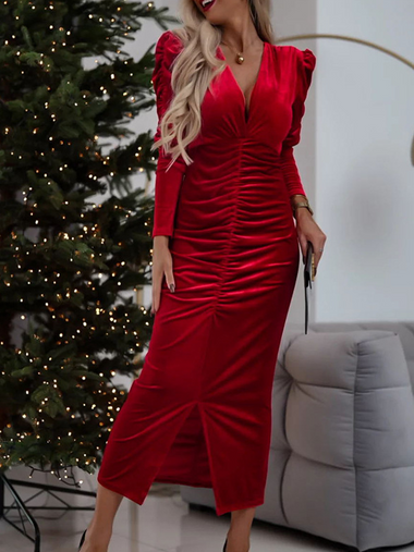 Casual Long Sleeve V Neck Plain Lace Maxi Dress