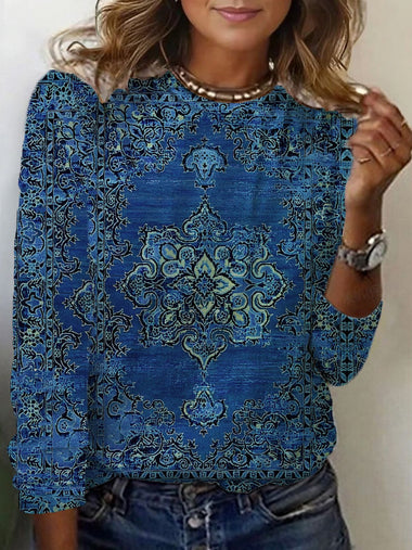 Casual Long Sleeve Crew Neck Ethnic Loose Regular T-Shirt