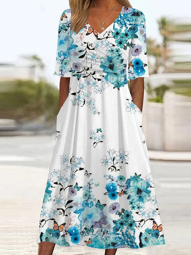 Casual Half Sleeve V Neck Floral Cross Loose Maxi Dress