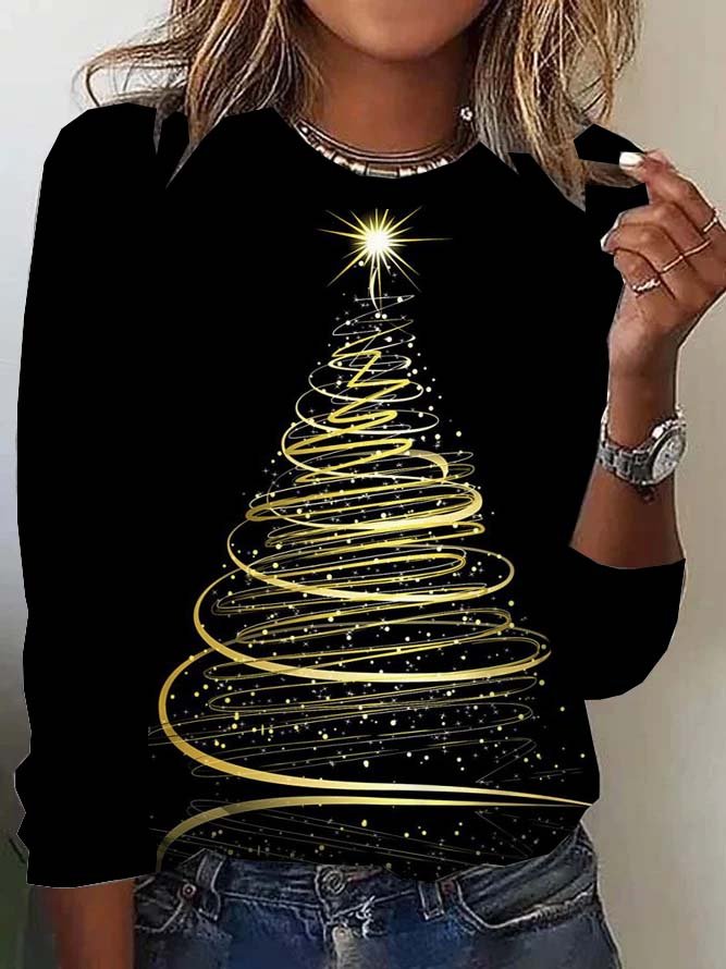 Casual Long Sleeve Crew Neck Christmas Tree Regular T-Shirt