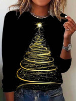 Casual Long Sleeve Crew Neck Christmas Tree Regular T-Shirt