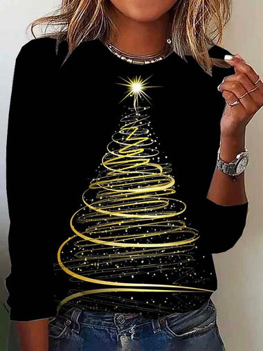 Casual Long Sleeve Crew Neck Christmas Tree Regular T-Shirt