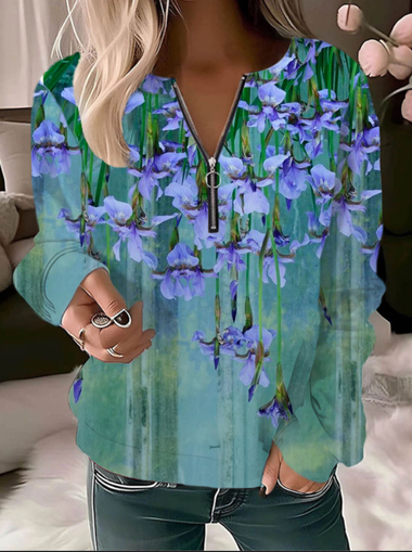 Casual Long Sleeve Crew Neck Floral Loose Regular Sweatshirt