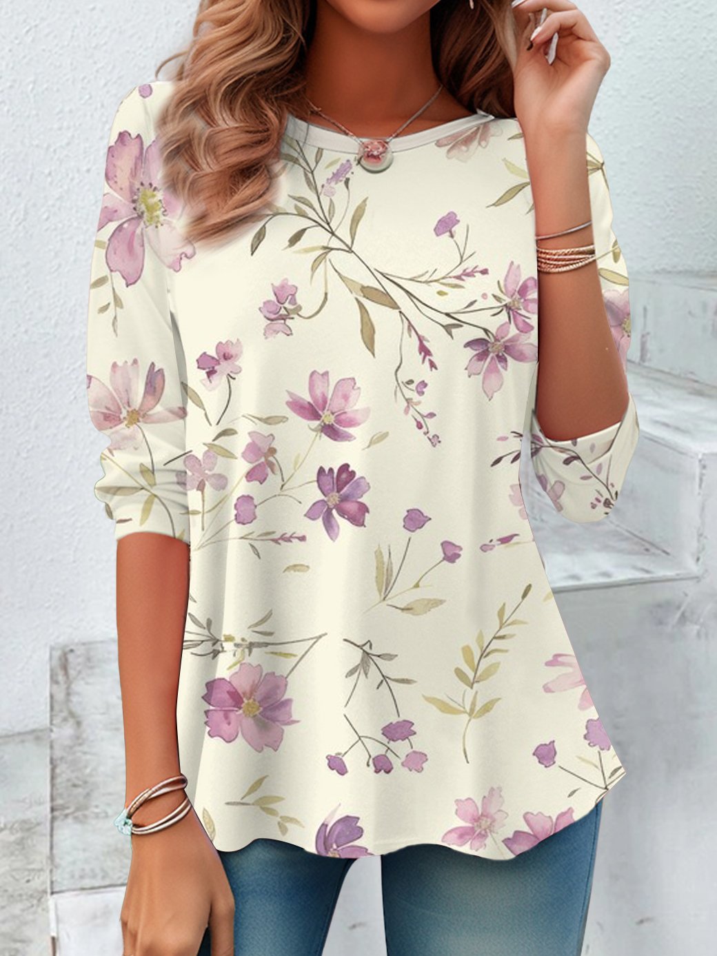 Loose Long Sleeve Crew Neck Floral Casual Regular Blouse