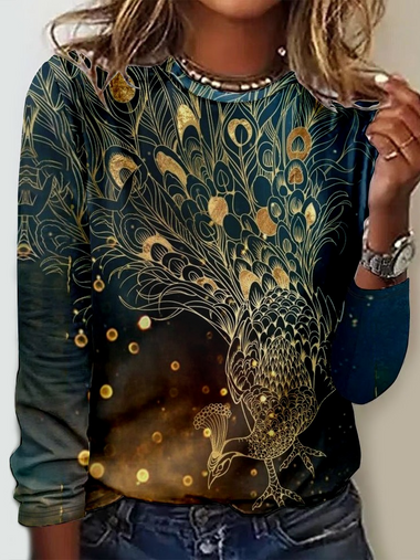 Loose Long Sleeve Crew Neck Animal Casual Regular T-Shirt