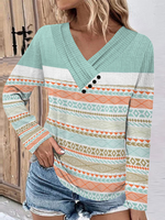 Casual Long Sleeve V Neck Striped Loose Regular T-Shirt
