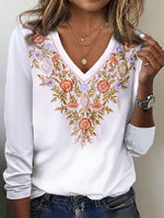 Casual Long Sleeve V Neck Ethnic Floral Loose Regular T-Shirt