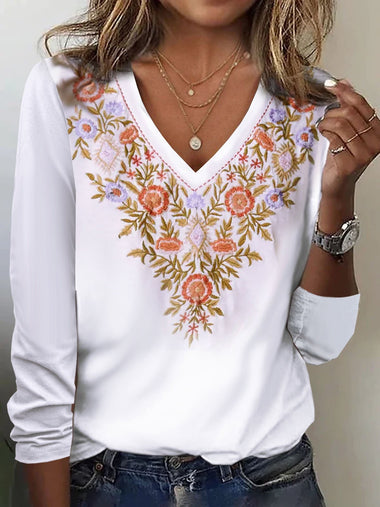 Casual Long Sleeve V Neck Ethnic Floral Loose Regular T-Shirt