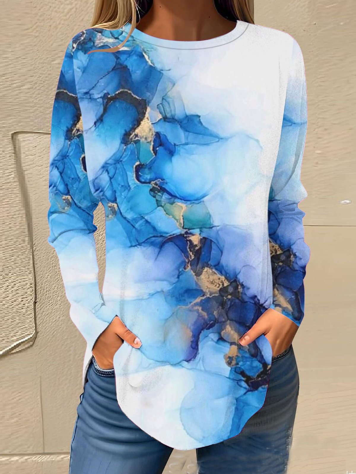 Loose Long Sleeve Crew Neck Abstract Casual Regular T-Shirt