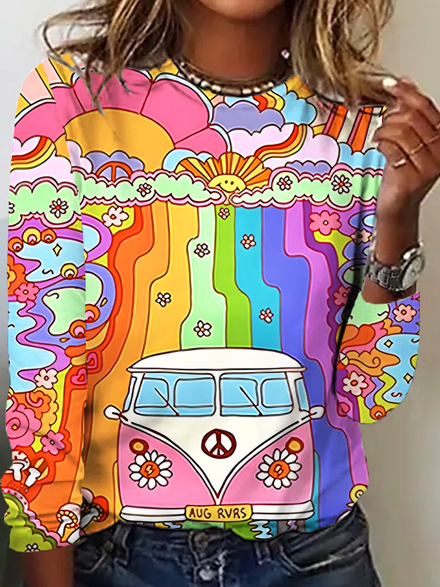 Loose Long Sleeve Crew Neck Painting Casual Regular T-Shirt