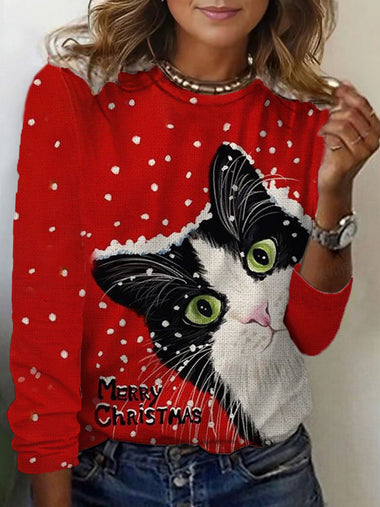 Casual Long Sleeve Crew Neck Christmas Loose Regular T-Shirt