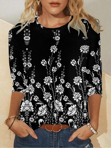 Loose Long Sleeve Crew Neck Floral Casual Regular T-Shirt