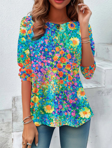 Loose Long Sleeve Crew Neck Floral Casual Regular T-Shirt
