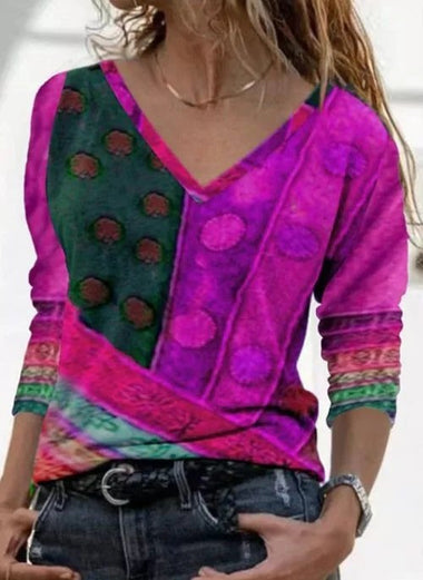 Loose Long Sleeve V Neck Abstract Casual Regular Blouse