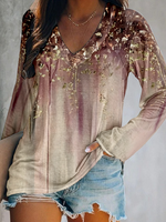Loose Long Sleeve V Neck Floral Casual Regular T-Shirt