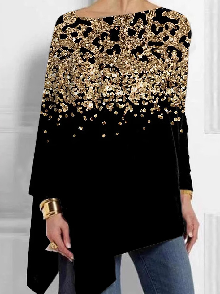Casual Long Sleeve Crew Neck Color Block Loose Mid-Long Blouse