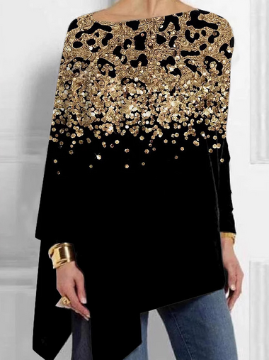Casual Long Sleeve Crew Neck Color Block Loose Mid-Long Blouse