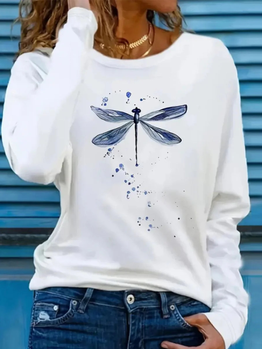 Loose Long Sleeve Crew Neck Dragonfly Casual Regular T-Shirt