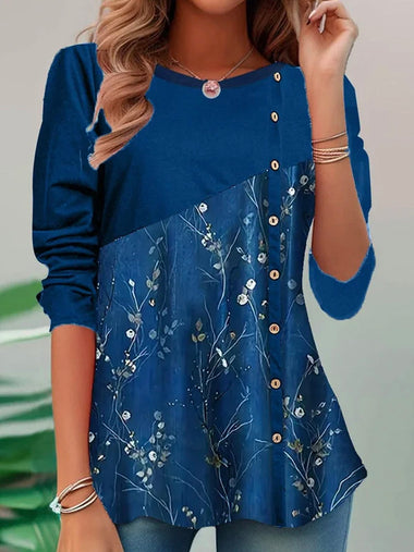 Casual Long Sleeve Crew Neck Floral Loose Regular T-Shirt