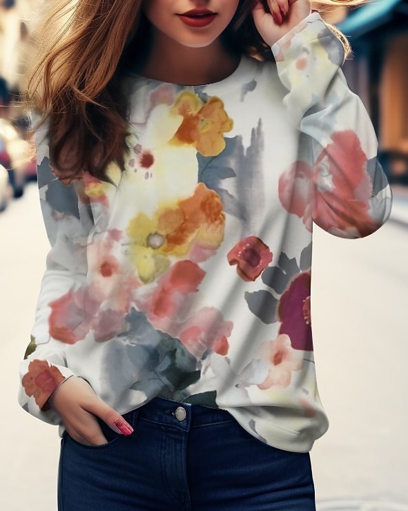 Casual Long Sleeve Crew Neck Floral Butterfly Loose Regular T-Shirt