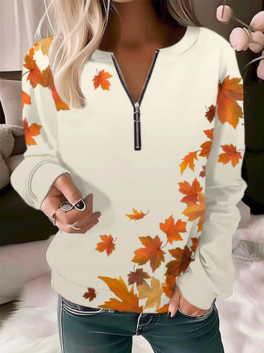 Casual Long Sleeve Crew Neck Floral Maple Leaf Loose Regular Sweatshirt
