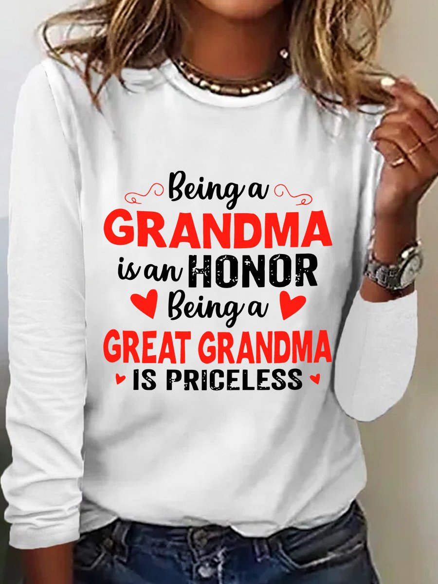 Casual Long Sleeve Crew Neck Text Letters Loose Regular Blouse