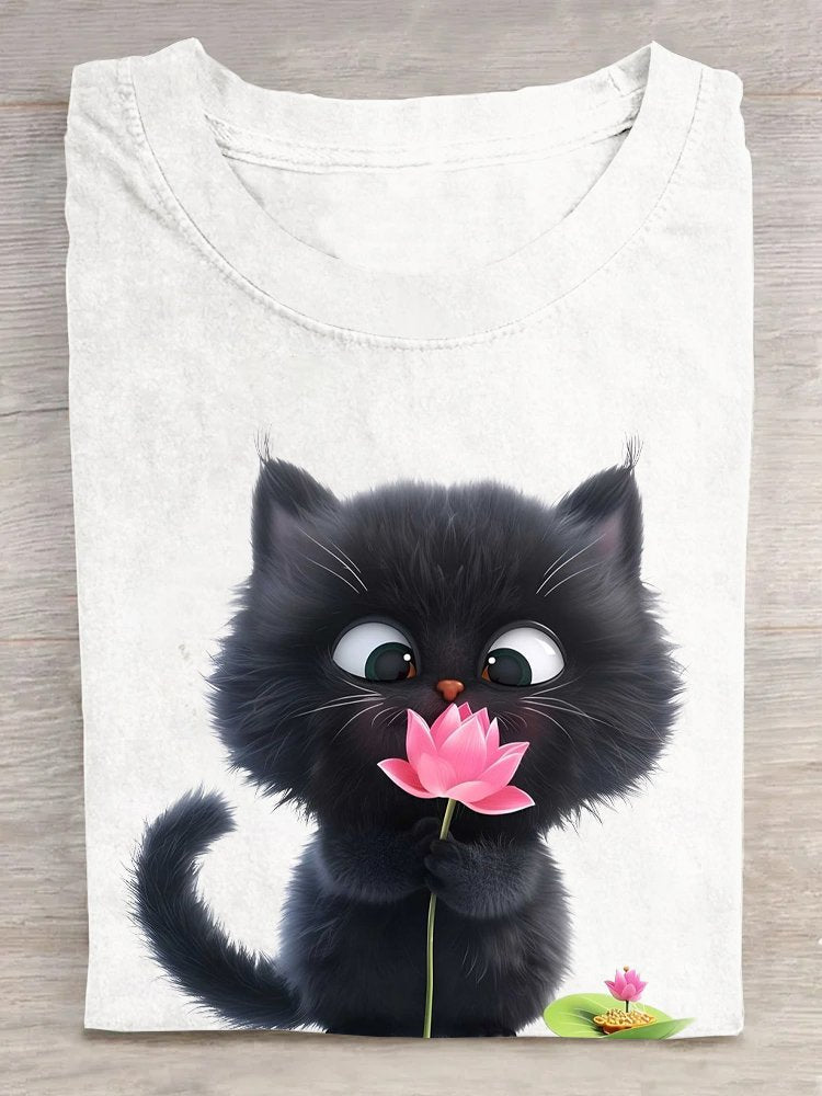 Casual Short Sleeve Crew Neck Cat Loose Regular T-Shirt