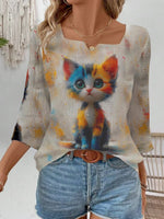 Casual Three Quarter Sleeve Notched Cat Loose Regular T-Shirt