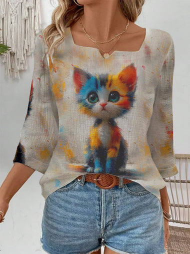 Casual Three Quarter Sleeve Notched Cat Loose Regular T-Shirt