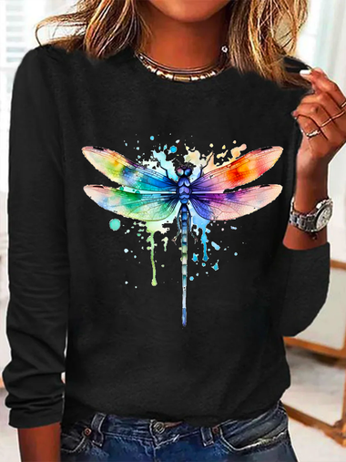 Loose Long Sleeve Crew Neck Dragonfly Casual Regular T-Shirt