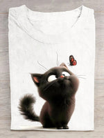 Casual Short Sleeve Crew Neck Cat Loose Regular T-Shirt